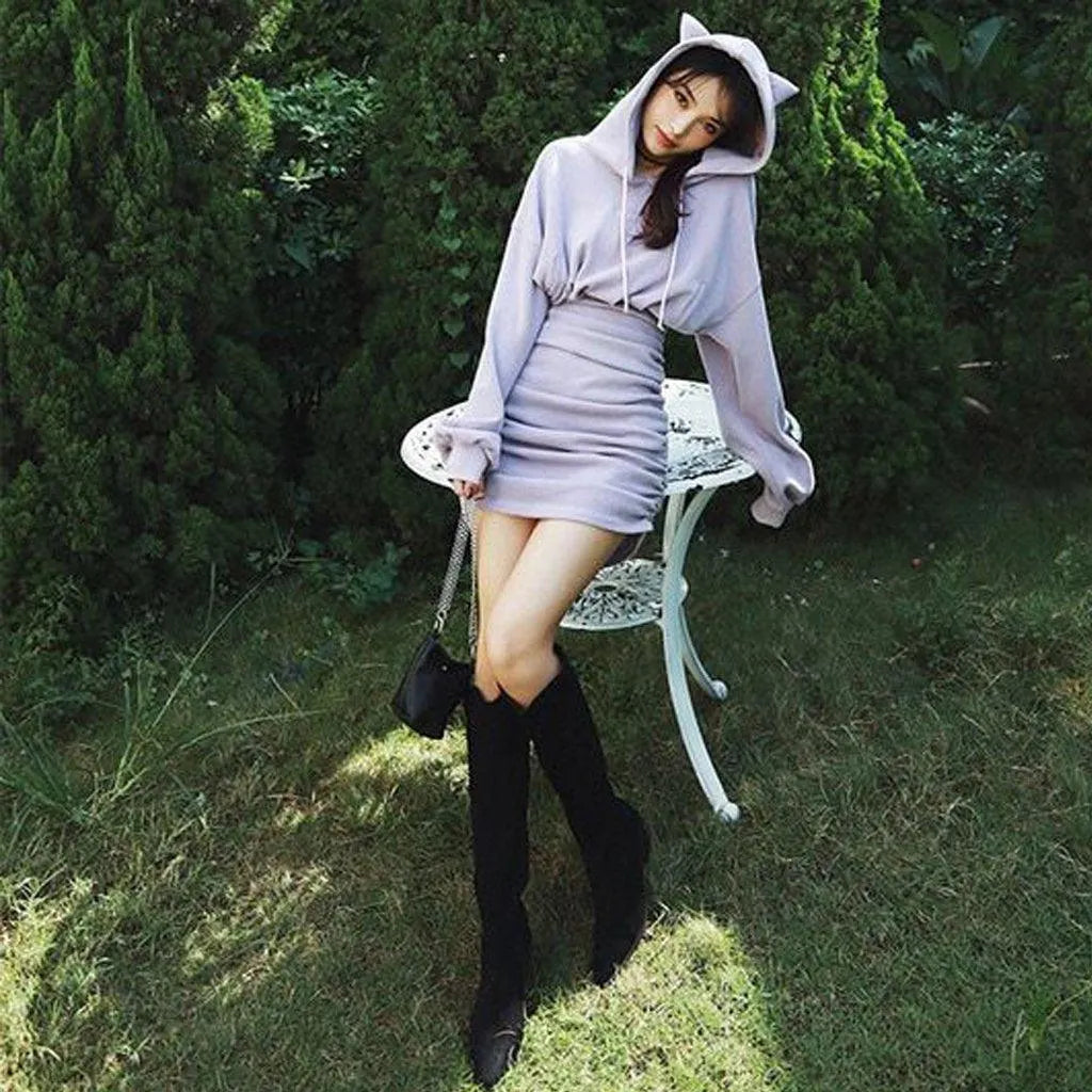 Fantasy Cat Embroidery Sheath Hoodie Dress