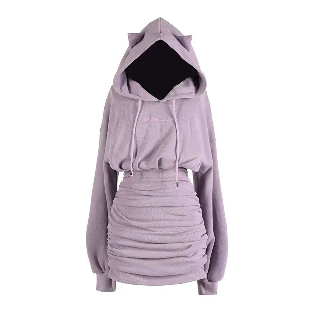 Fantasy Cat Embroidery Sheath Hoodie Dress