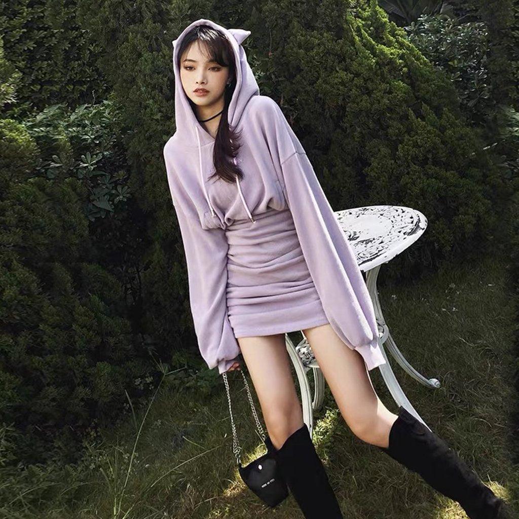 Fantasy Cat Embroidery Sheath Hoodie Dress