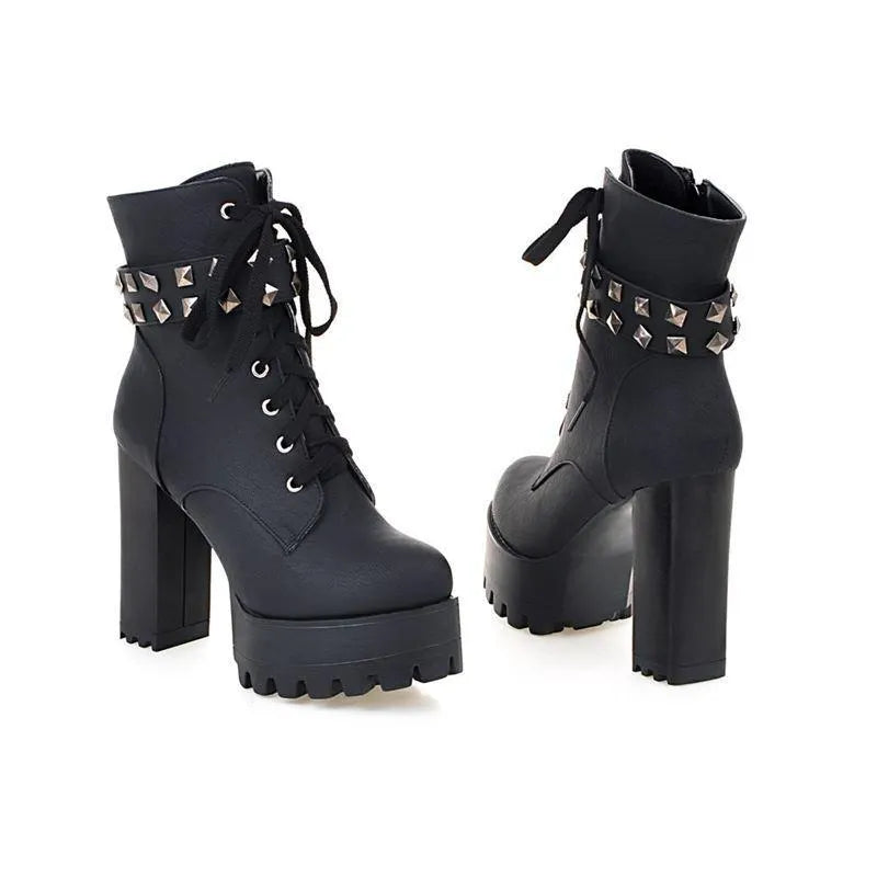 Studded Strap Lace Up Platform Boots