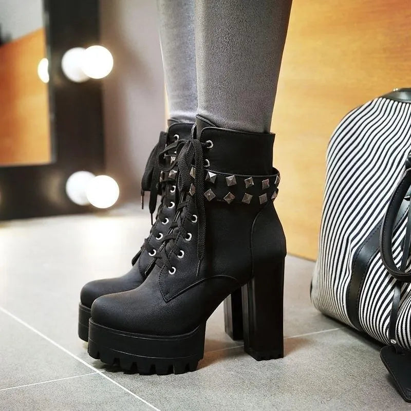 Studded Strap Lace Up Platform Boots