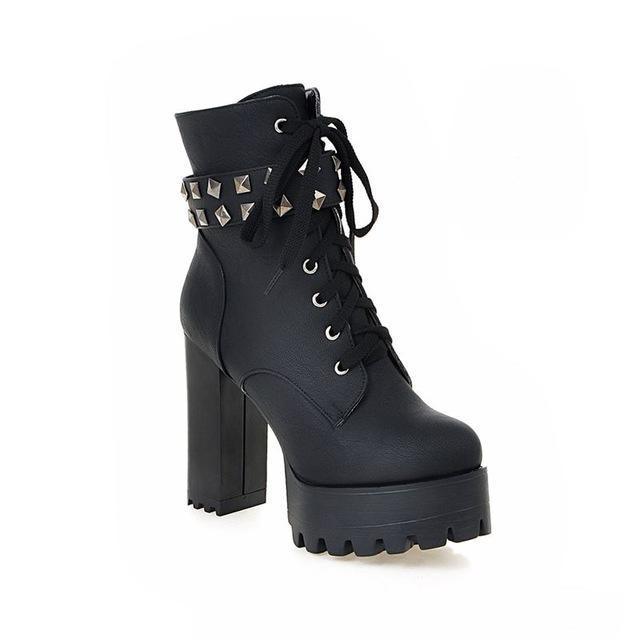 Studded Strap Lace Up Platform Boots