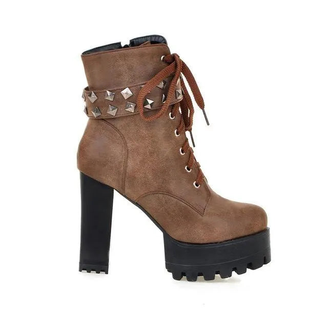 Studded Strap Lace Up Platform Boots