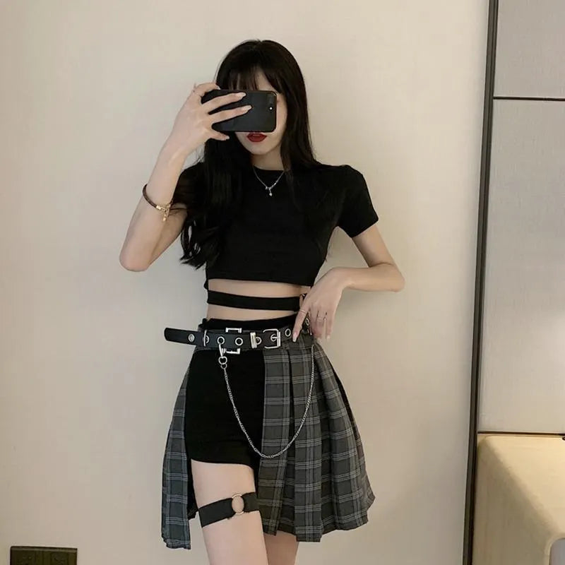 Gothic Irregular High Waist Plaid Skirt