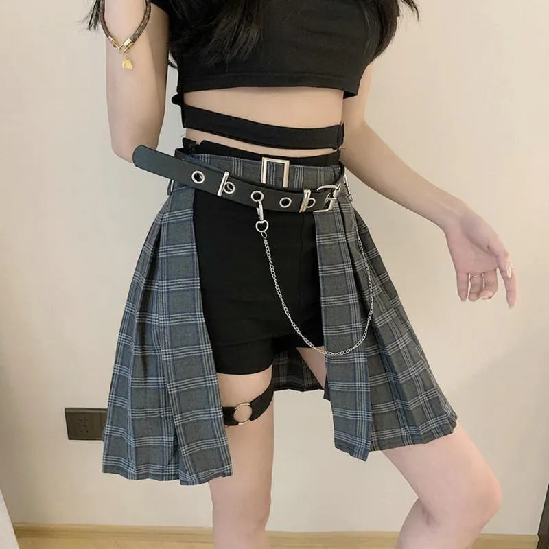 Gothic Irregular High Waist Plaid Skirt