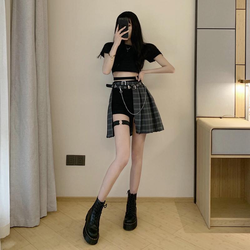 Gothic Irregular High Waist Plaid Skirt