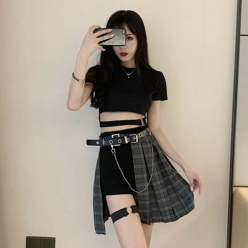 Gothic Irregular High Waist Plaid Skirt