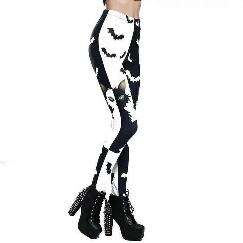 Halloween Cat And Bats Print Leggings