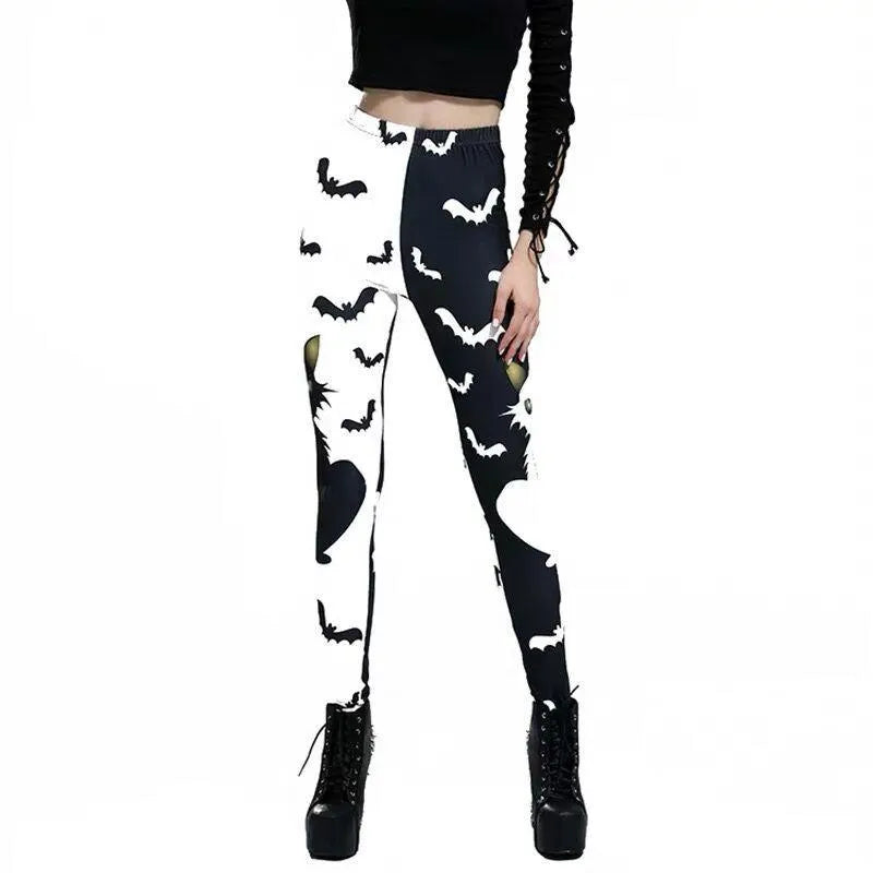 Halloween Cat And Bats Print Leggings