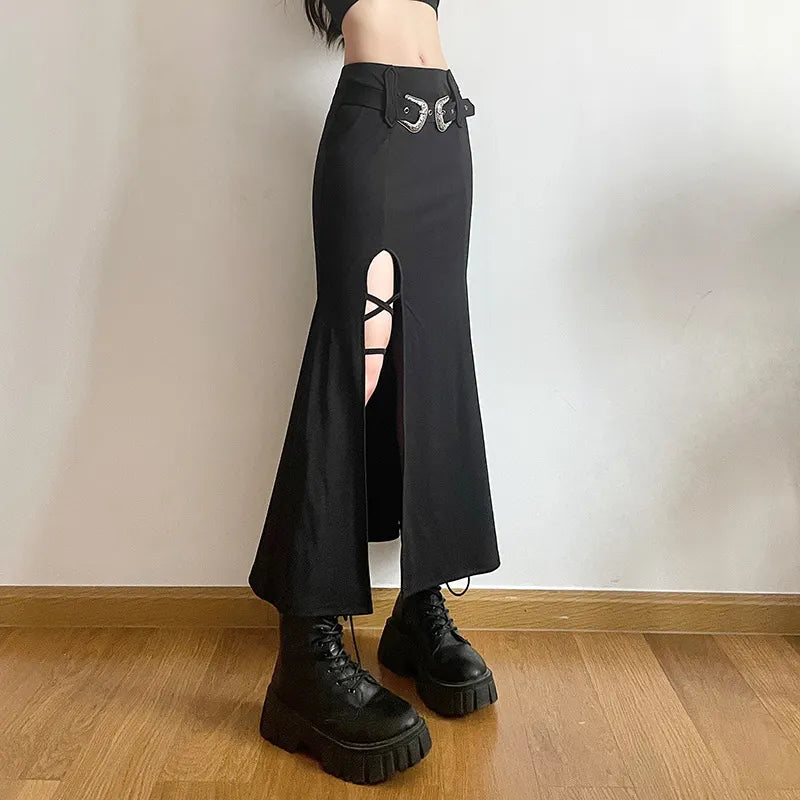 Goth Open Leg Fishtail Long Skirt