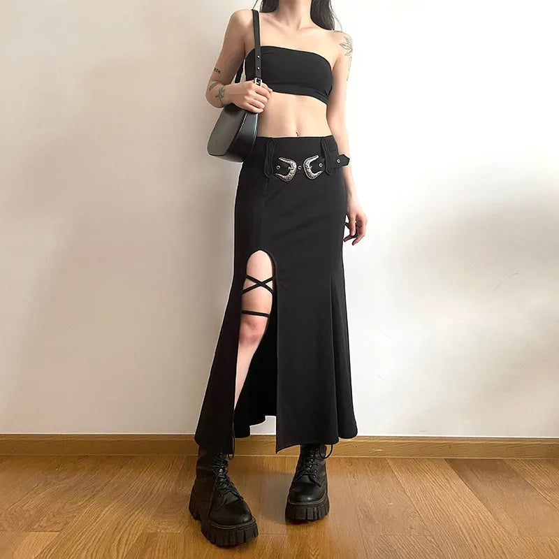 Goth Open Leg Fishtail Long Skirt