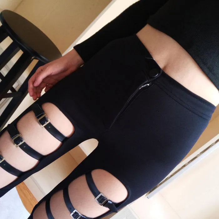 Buckle Hollow Out Skinny Pants