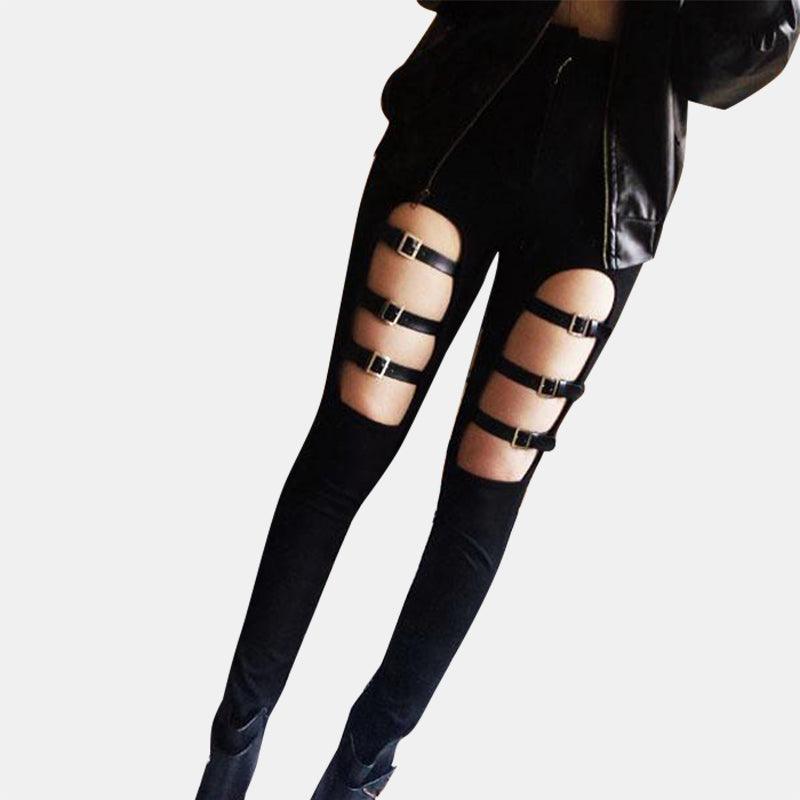 Buckle Hollow Out Skinny Pants