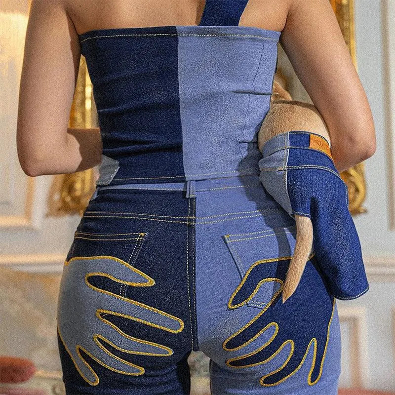 Contrast Palm Patch Embroidered Pants
