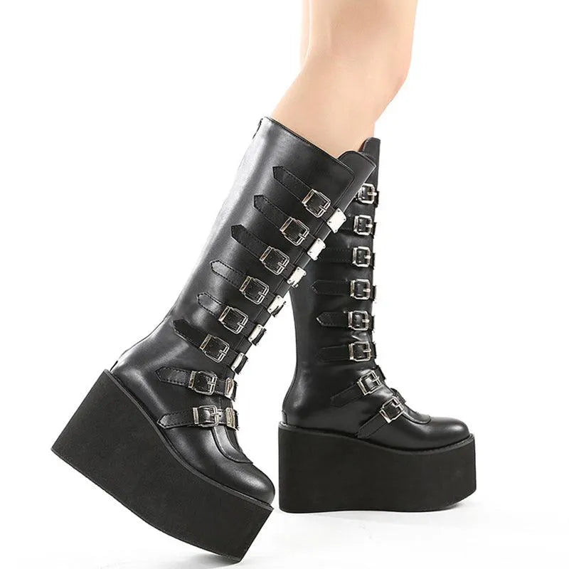 High-top Metal Button PU Thick High-heel Martin Boots