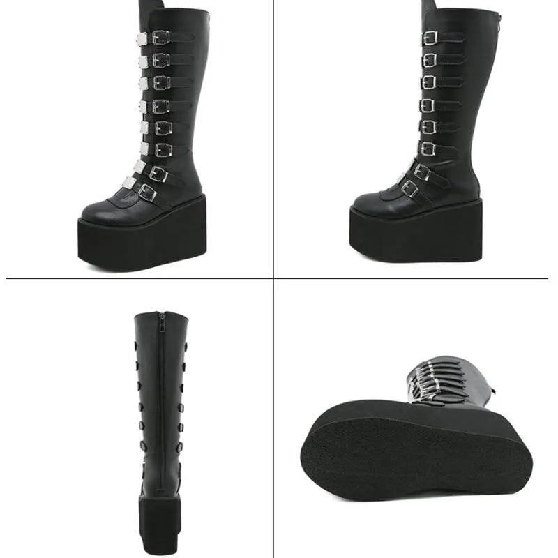High-top Metal Button PU Thick High-heel Martin Boots