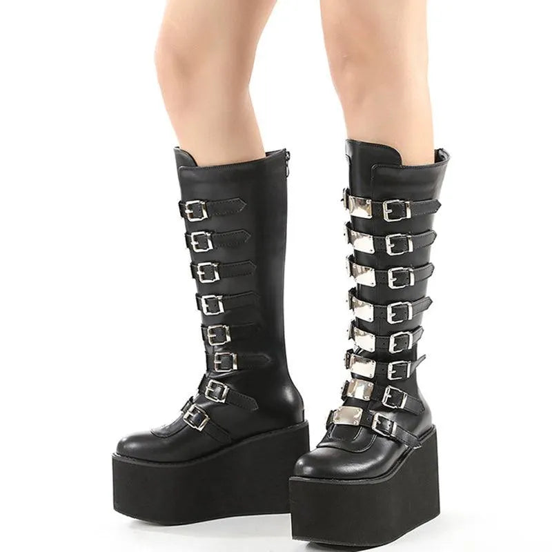 High-top Metal Button PU Thick High-heel Martin Boots