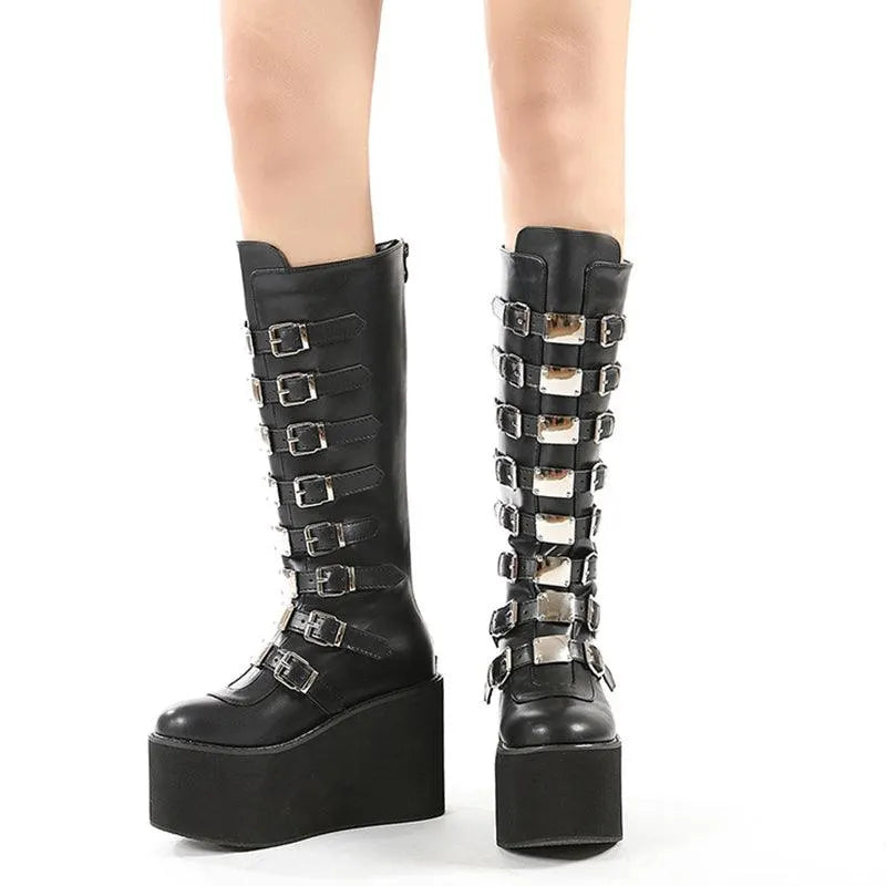 High-top Metal Button PU Thick High-heel Martin Boots