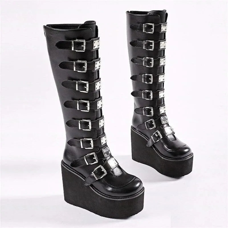 High-top Metal Button PU Thick High-heel Martin Boots