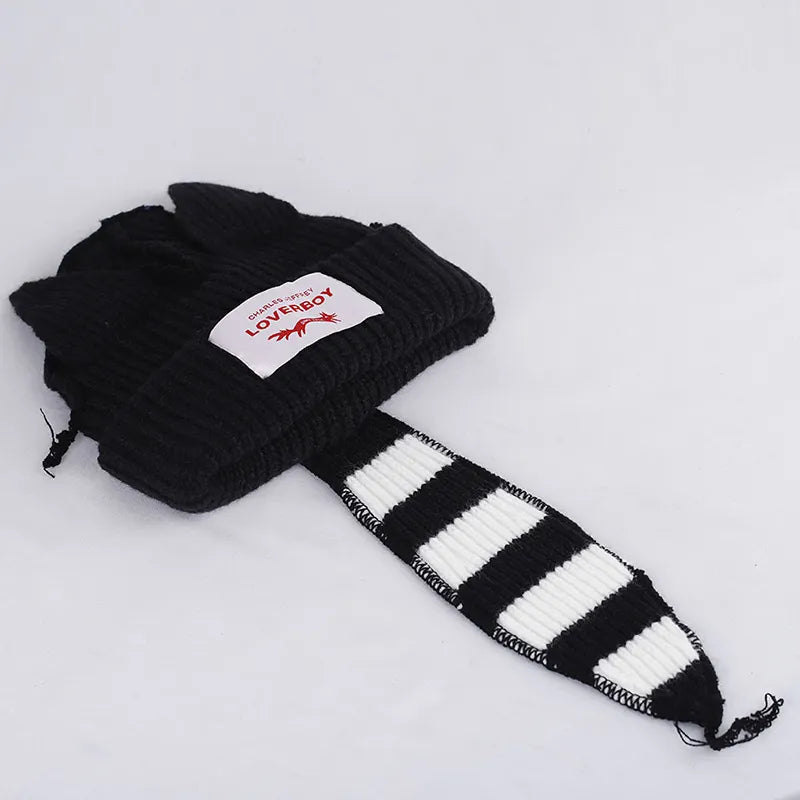 Warm Fox Tail Knitted Wool Hat