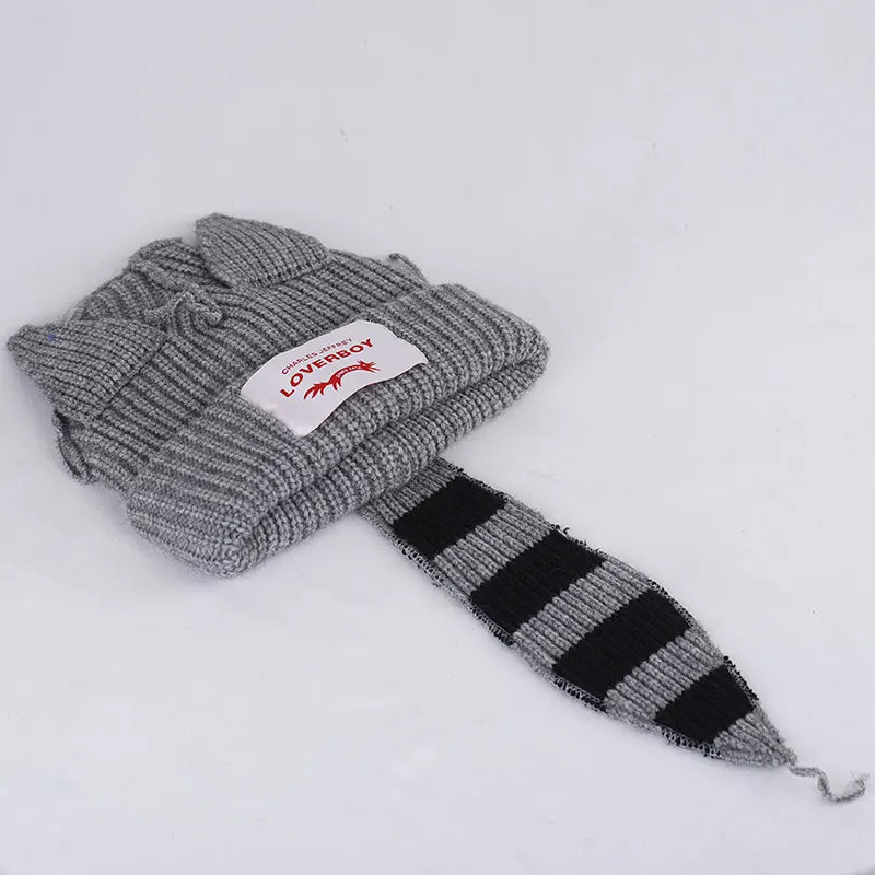 Warm Fox Tail Knitted Wool Hat