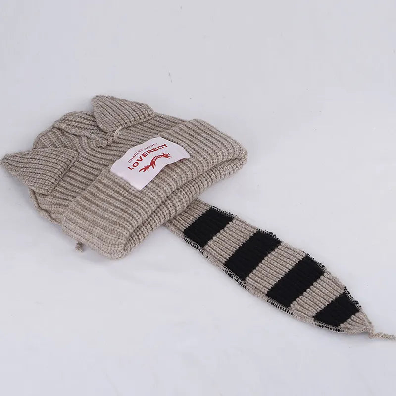 Warm Fox Tail Knitted Wool Hat