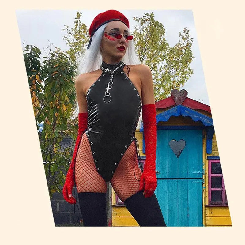 Matte Patent Leather Concealed Button Bodysuit