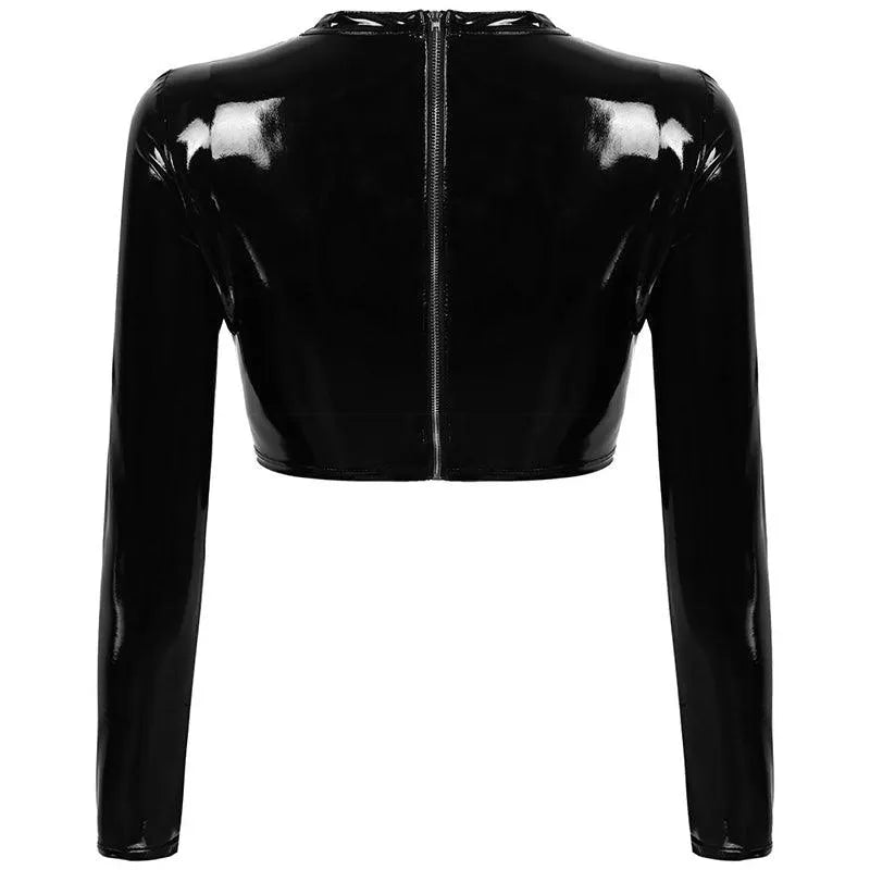 Black Patent Faux Leather Buckle Top and Shorts