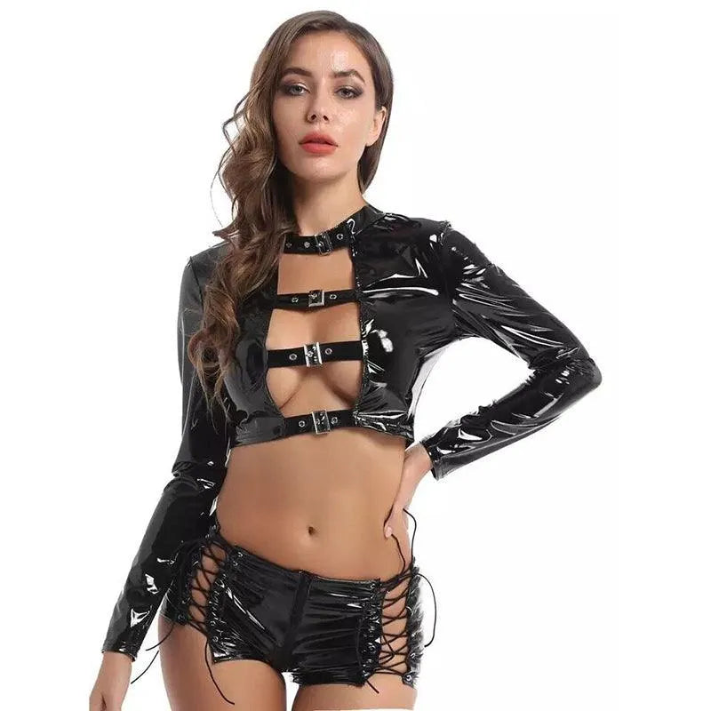 Black Patent Faux Leather Buckle Top and Shorts