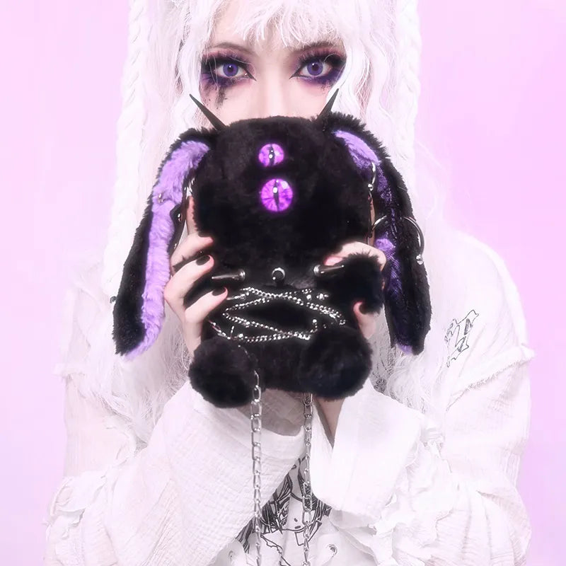 One-Eyed Doll Gothic Dark Plush Rabbit Crossbody Bag