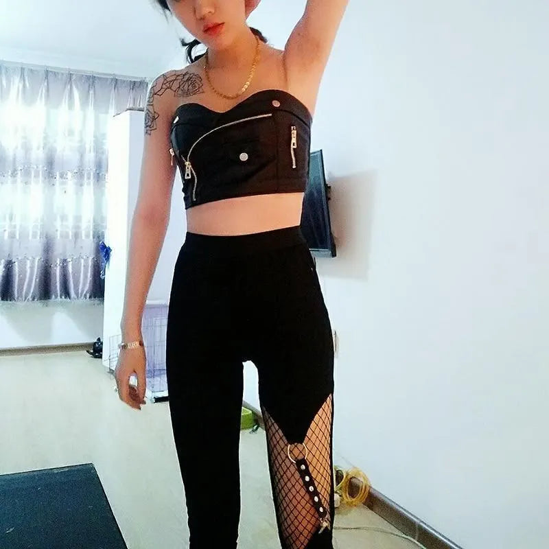 Hollow Out Leather Strap Rivet Pants