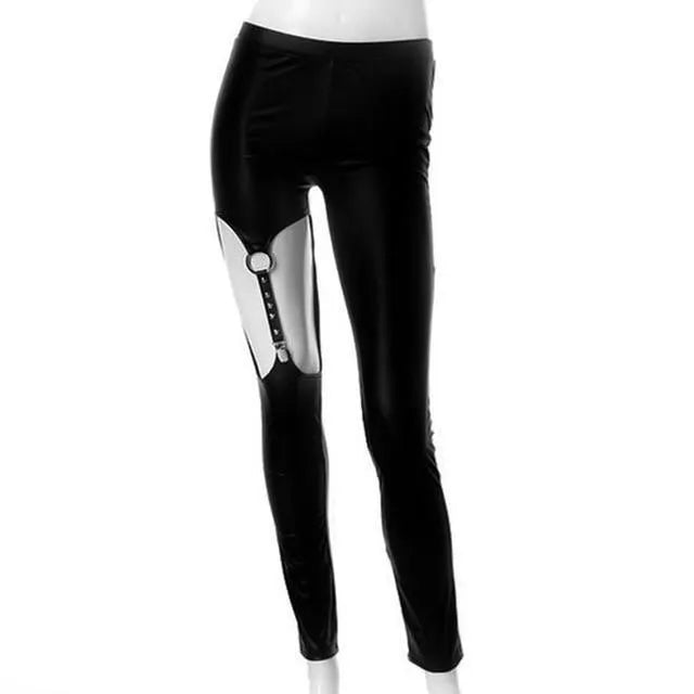 Hollow Out Leather Strap Rivet Pants