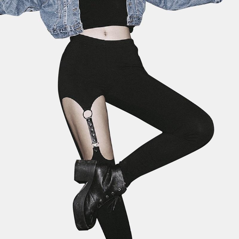 Hollow Out Leather Strap Rivet Pants