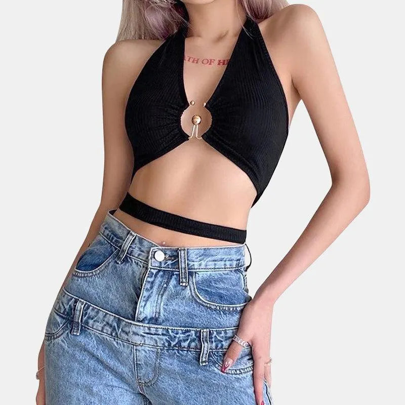 Cross Strap Halterneck Hollow Top