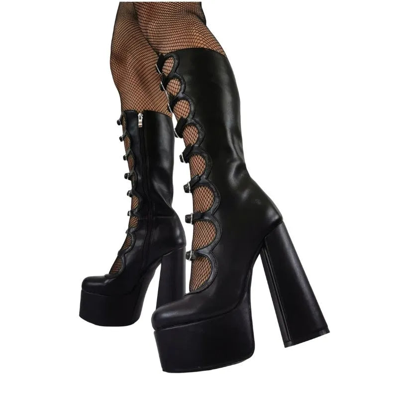 Gothic Buckle Platform Chunky Heel Boots