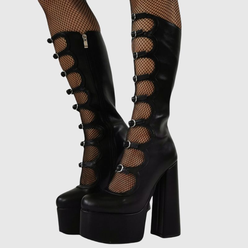 Gothic Buckle Platform Chunky Heel Boots