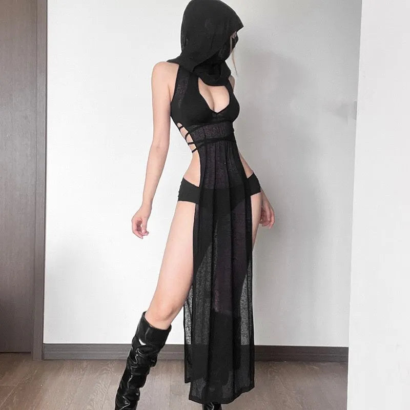 Hooded Hollow Out Knit Dress