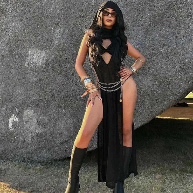 Hooded Hollow Out Knit Dress