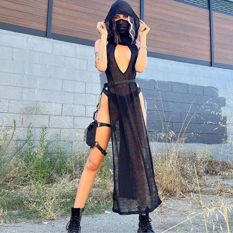 Hooded Hollow Out Knit Dress
