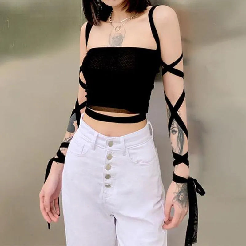 Gothic Mesh Lace Up Top