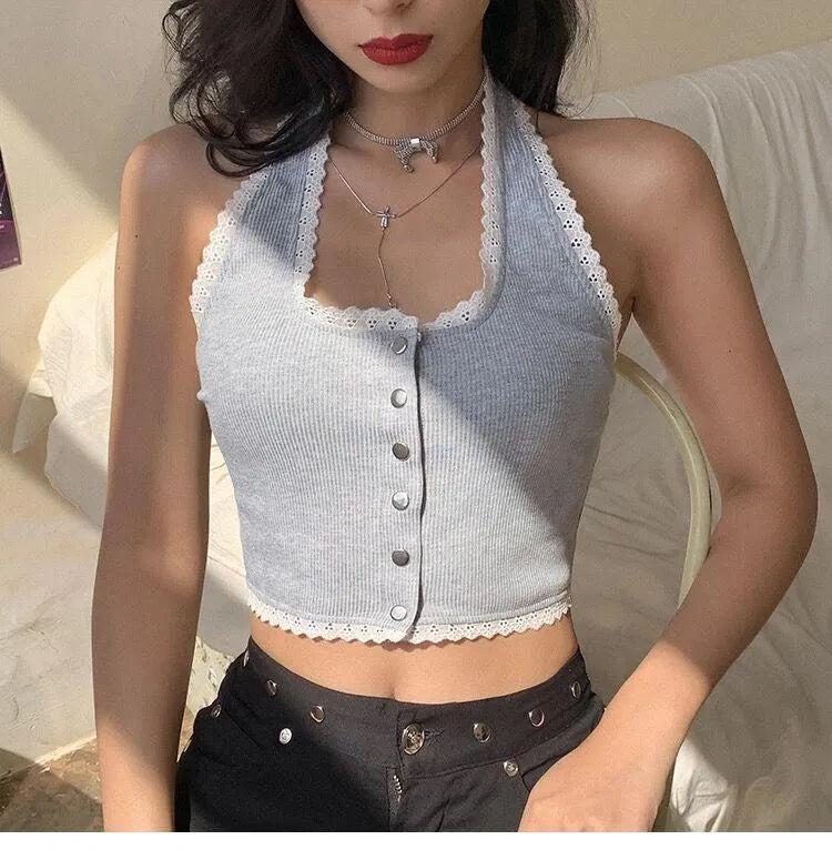 Halter Lace Open-Neck Short Tank Top