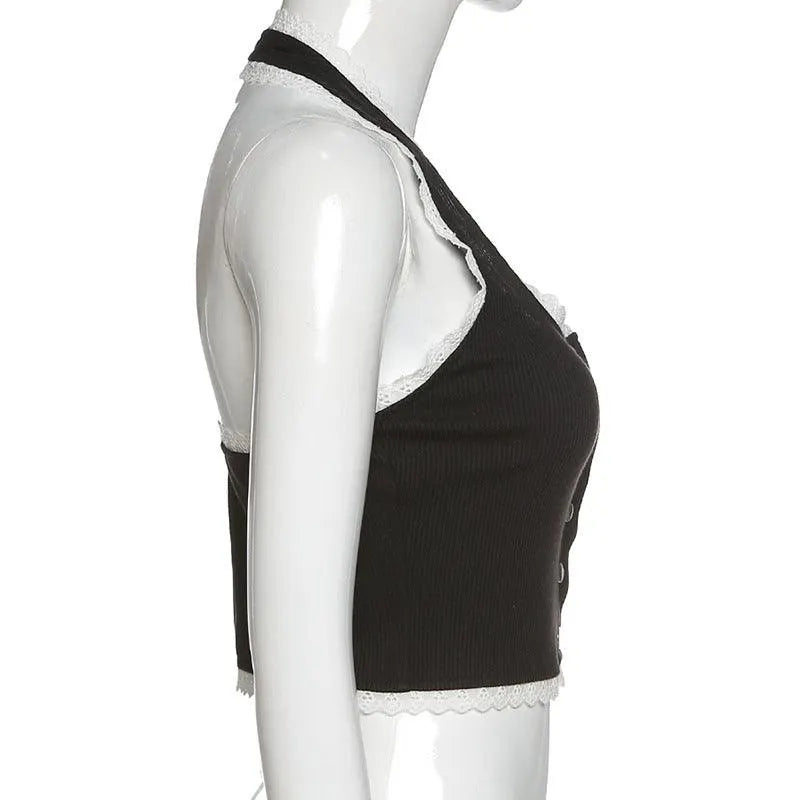 Halter Lace Open-Neck Short Tank Top