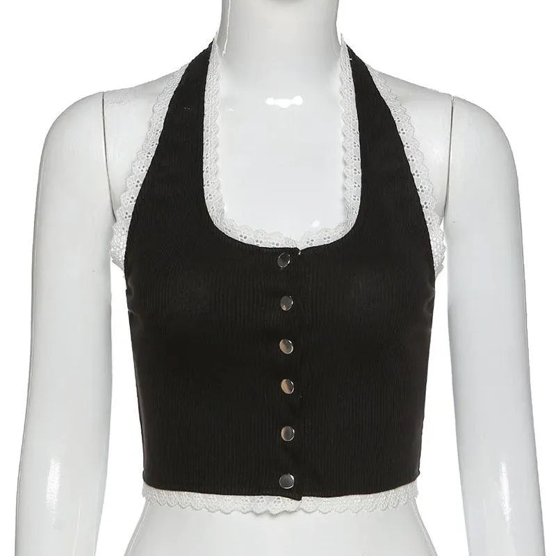 Halter Lace Open-Neck Short Tank Top