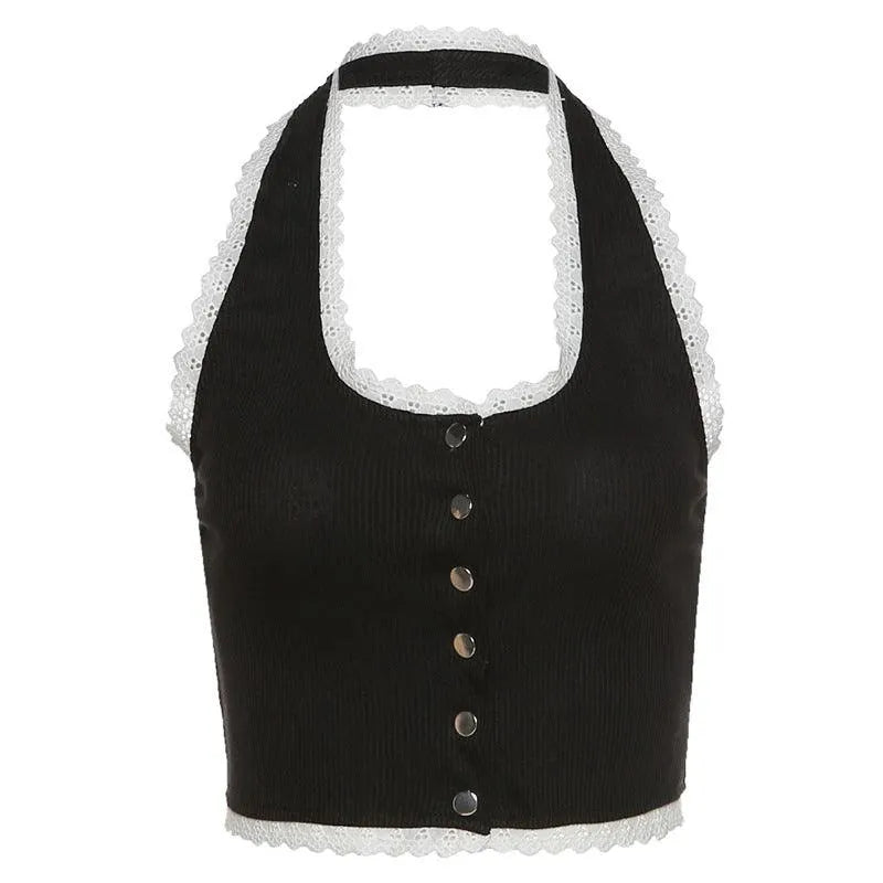 Halter Lace Open-Neck Short Tank Top
