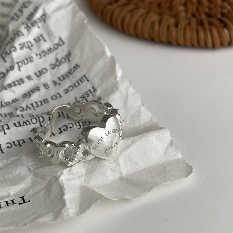 Letter Print Love Heart Diamond Silver Rings