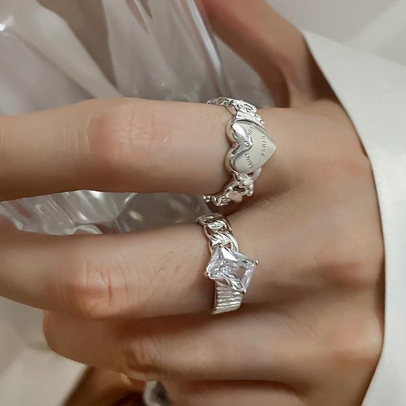 Letter Print Love Heart Diamond Silver Rings