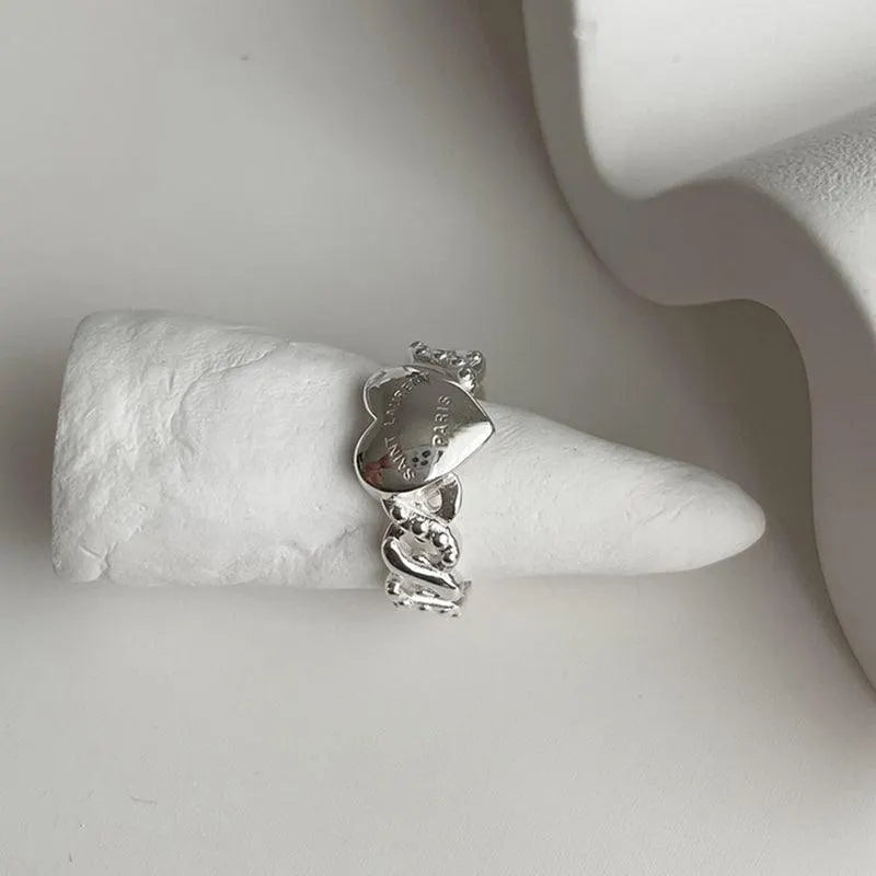 Letter Print Love Heart Diamond Silver Rings