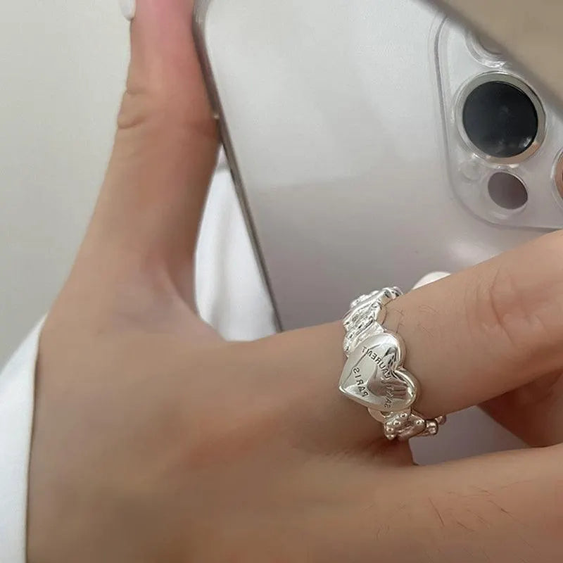 Letter Print Love Heart Diamond Silver Rings
