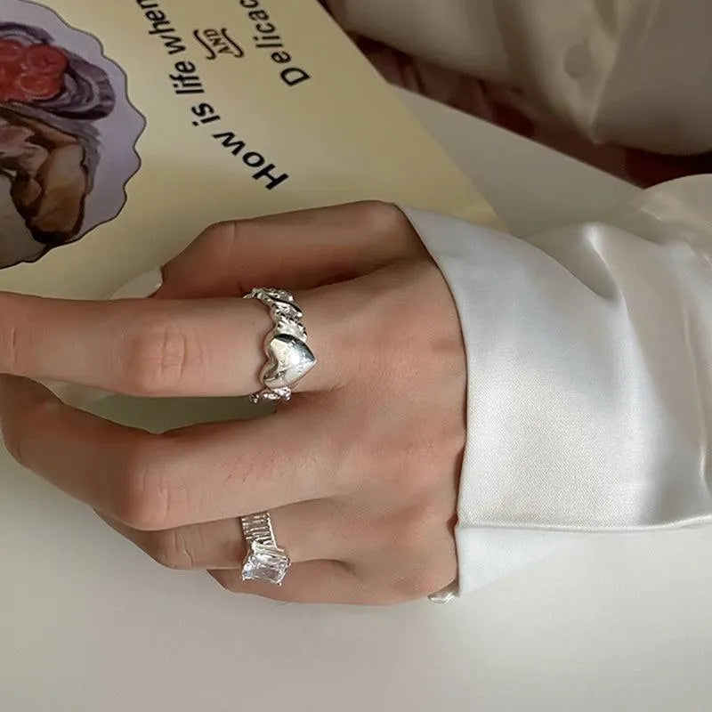 Letter Print Love Heart Diamond Silver Rings