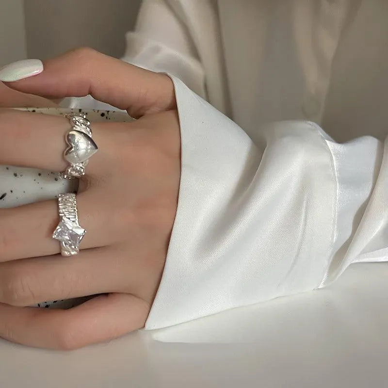 Letter Print Love Heart Diamond Silver Rings